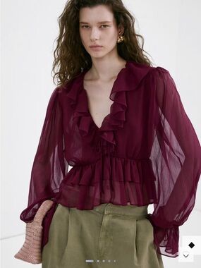 Mango Burgundy Sheer Ruffle V-Neck Blouse